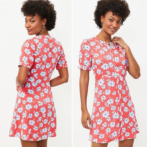LOFT Floral Flare Retro Shirt Dress Coral Red Blue White Size 14P | 14 Petite - Picture 14 of 14